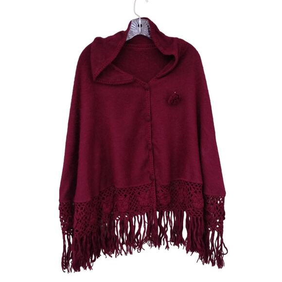 Alpaca Peru Diana Poncho Cloak Cape Crochet Fringe Brushed Rustic Burgundy O/S - Picture 1 of 15